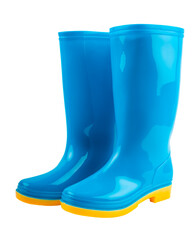 A Pair of blue and yellow rubber boots isolated on white background, Saved clipping path.