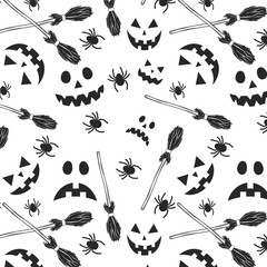 seamless halloween pattern with skulls, bat, pumpkin, witch hat, broom, candies and spiders. black and white