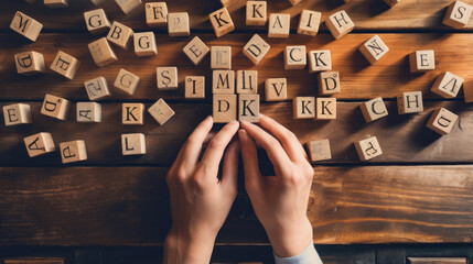 Wooden letter cubes and creative hands, ready for wordplay. Generative AI.