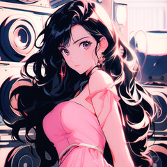 Lo-fi anime girl dj, colourful background, inspiration for an album cover or playlist tile.