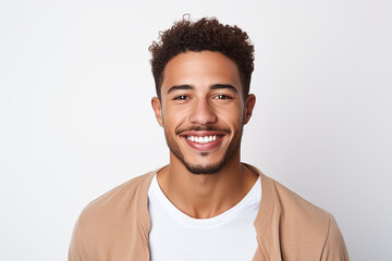 advertising portrait of smiling attractive young man with white teeth. Friendly expression. Features of Latin race. About 25 to 30 years old. White isolated background.
