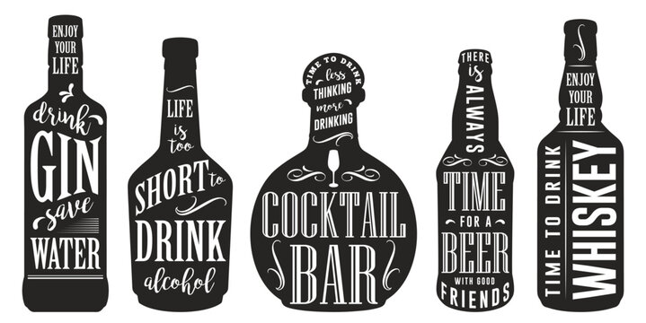 Alcoholic bottles set labels monochrome
