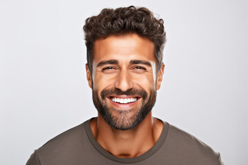 Fototapeta premium advertising portrait of smiling attractive young man with white teeth. Friendly expression. Spanish features. About 30 years old. Blurred background.