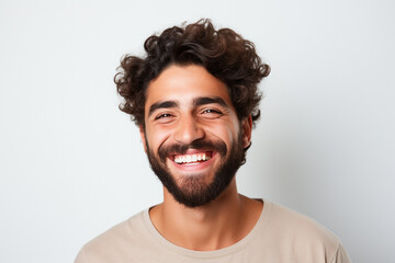 advertising portrait of smiling attractive young man with white teeth. Friendly expression. Spanish features. About 25 years old. Blurred background. - obrazy, fototapety, plakaty