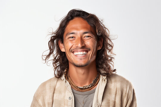 advertising portrait of smiling attractive young man with white teeth. Friendly expression. Mexican Indian features, long hair. About 28 years old. Somewhat wild appearance. Isolated background