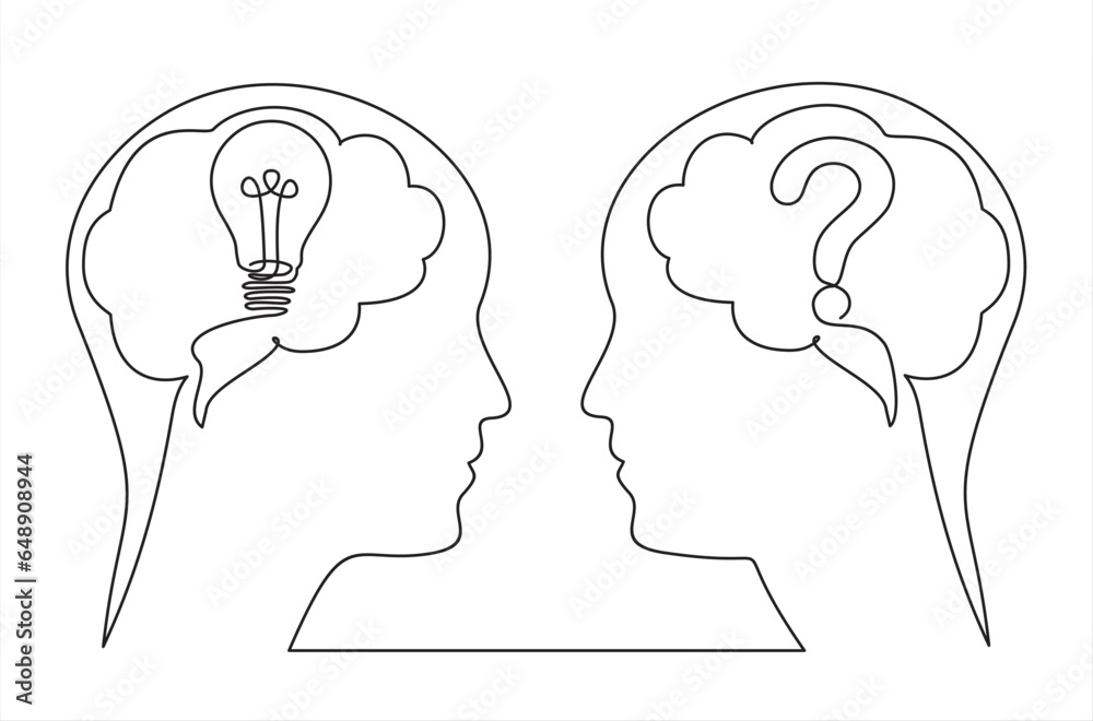 Poster head mind people with light bulb and question thinking brain, continuous line. question and answer, 