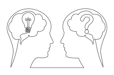Head mind people with light bulb  and question thinking brain, continuous line. Question and answer, solving problem or business solution, FAQ concept.