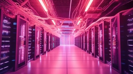 Fototapeta premium Data Center Network Background. Server Room with Switch, Internet Cables, and Fiber Optic Equipment