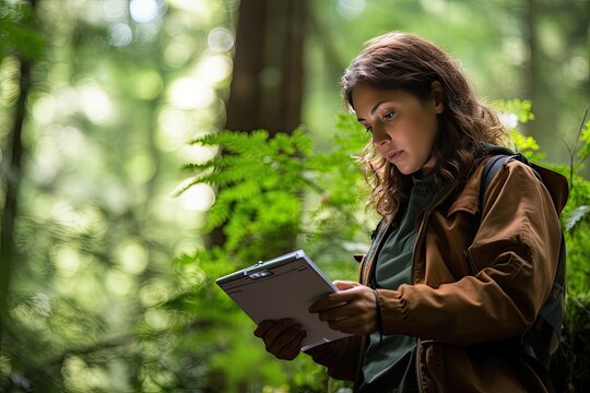 A аfemale forester walks around his territory and checks the safety of the trees. He holds a clipboard in his hands and writes down all the changes. Caring for and preserving forests.