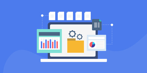 Fototapeta premium Data management software organise file, folder and transfer data, extracting information from graph and chart analytics dashboard, laptop screen vector banner.