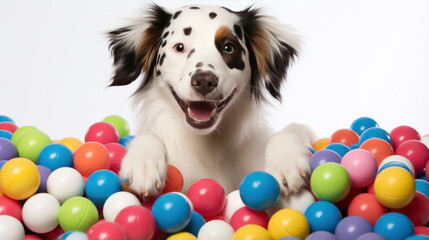 Fototapeta na wymiar A dog having colorful fun with balls, pure canine joy.