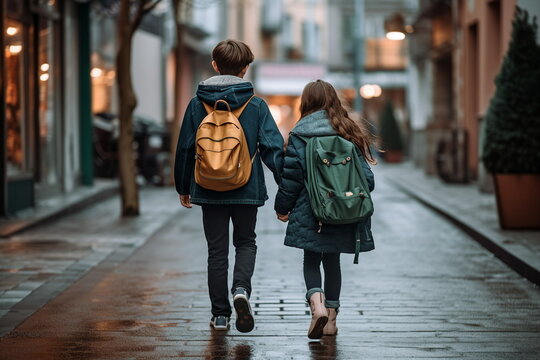schoolboy and schoolgirl holding hands walking on street