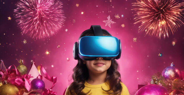 Cute girl with vr headset with christmas fireworks and copy space