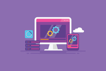 Software version update on laptop screen and mobile app update, connected with online server, cloud data transfer, communication internet technology web banner.