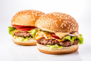 Two hamburgers with beef patty, sesame burger buns, tomato, cheese, pickles, onion, lettuce and mustard isolated on white background.