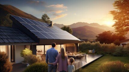 family standing in front of their modern eco house with solar panels on the roof - obrazy, fototapety, plakaty
