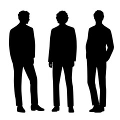 Vector silhouette of three men  standing, profile, business people, black color,  isolated on white background