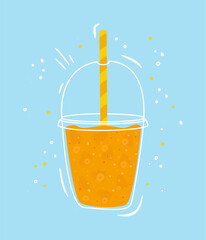 A flat vector cartoon illustration of a vegetable pumpkin smoothie in a clear plastic takeaway cup with a straw on a white background. A delicious and healthy cocktail for health.
