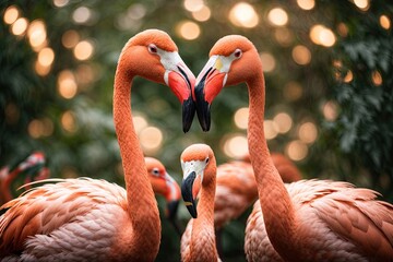 Two pink flamingos forming heart shape. ai generative
