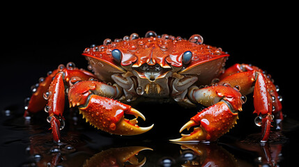 Vibrant red crab drops on a dramatic black background, striking contrast.