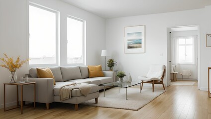 Naklejka na ściany i meble A living room with a modern sense.(home) A view with a sofa and a frame, with an autumn atmosphere, and a neat picture of the interior of the apartment. Generative AI
