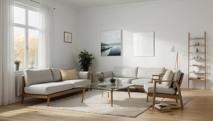 Fototapeta premium A living room with a modern sense.(home) A view with a sofa and a frame, with an autumn atmosphere, and a neat picture of the interior of the apartment. Generative AI