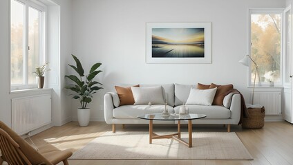 A living room with a modern sense.(home) A view with a sofa and a frame, with an autumn atmosphere, and a neat picture of the interior of the apartment. Generative AI