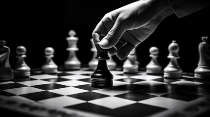 Man's hand making strategic chess move, intellect in every gesture. - obrazy, fototapety, plakaty