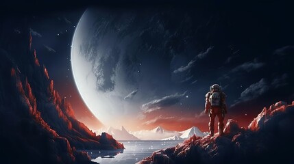Astronaut on rock surface with space background