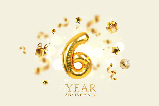 Gold festive balloons 6 year anniversary with golden confetti, presents, mirror ball and stars fly on a beige background with bokeh lights and sparks. Birthday luxury six card, a creative idea