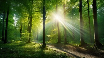 Beautiful rays of sunlight in a green forest