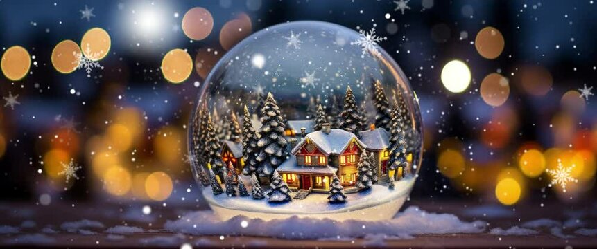 Anamorphic Video Christmas Snow Globe Snowflake. Christmas Village Inside Snow Globe