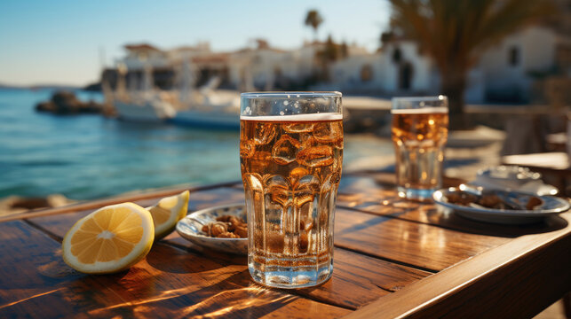 Glasses with different sorts of craft beer on wooden bar on the beach