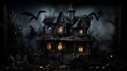 halloween night scene with haunted mansion