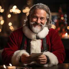 Portrait of happy Santa Claus sitting at his room at home near Christmas tree and big sack and reading Christmas letter or wish list