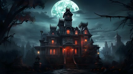 Fototapeta na wymiar halloween night scene with haunted mansion