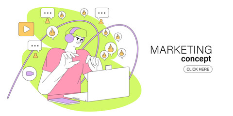 Digital marketing concept for internet, web banner and app design and development, seo, social network. Business marketing, strategy, planning, digital advertising, social media and communication.