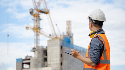 Male site engineer or foreman using digital tablet doing construction site inspection. Asian worker man with orange reflective vest and safety helmet looking at building structure and tower crane