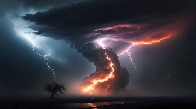 Fiery thunderstorm in the night sky. 3D illustration.