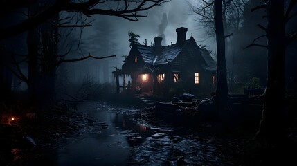 Fototapeta na wymiar spooky halloween landscape with a witch cabin