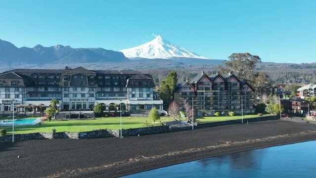 Volcanic Beach At Pucon Los Rios Chile. Cityscapes Pucon Los Rios. Blue Landscape Beach Background Beautiful. Blue Seaside Beach Background Watercolor Coast. Blue Beautiful Sunny Day Travelling.