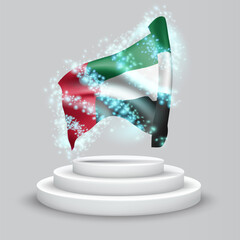 United Arab Emirates, vector 3d flag on the podium surrounded by a whirlwind of magical radiance