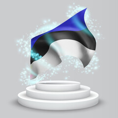 Estonia, vector 3d flag on the podium surrounded by a whirlwind of magical radiance