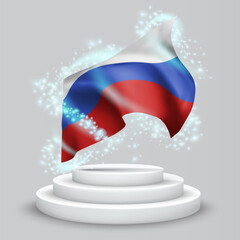 Russia, vector 3d flag on the podium surrounded by a whirlwind of magical radiance