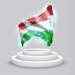 Hungary, vector 3d flag on the podium surrounded by a whirlwind of magical radiance