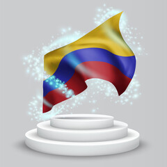 Colombia, vector 3d flag on the podium surrounded by a whirlwind of magical radiance