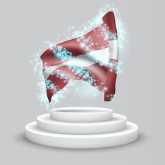 Latvia, vector 3d flag on the podium surrounded by a whirlwind of magical radiance
