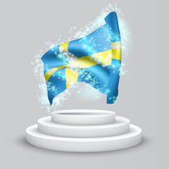Sweden, vector flag with waves and bends waving in the wind on a white background