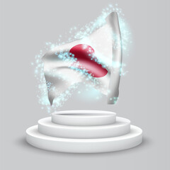 Japan, vector 3d flag on the podium surrounded by a whirlwind of magical radiance