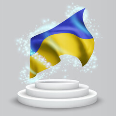 Ukraine, vector 3d flag on the podium surrounded by a whirlwind of magical radiance